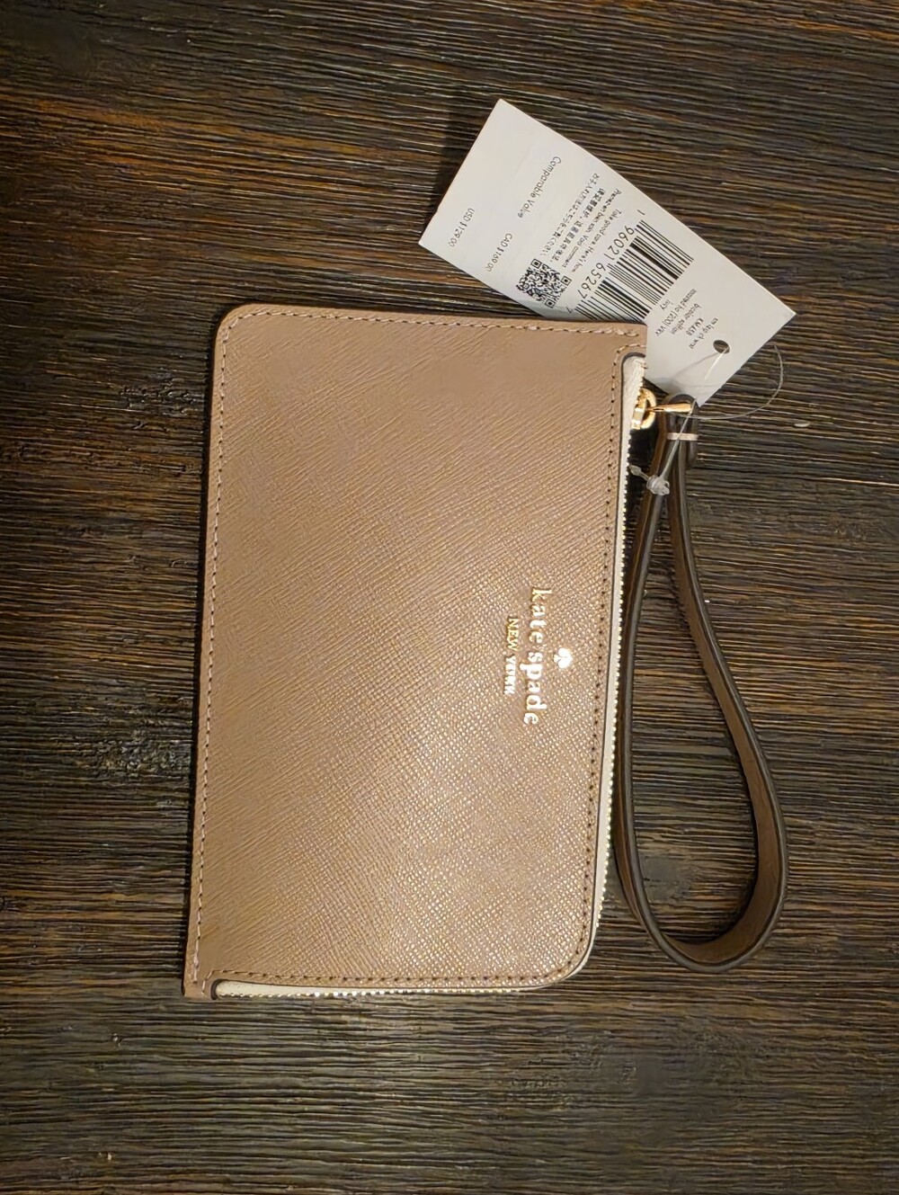 NWT Kate Spade Lucy Small L-Zip Wristlet Bicolor Saffiano Toasted Hazelnut